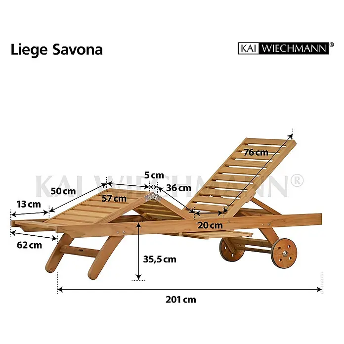 Kai Wiechmann Gartenliege - Naturbelassen, Holz, Rollbar - Das Bild zeigt eine Liege Savona mit Größenangaben. Die Gartenliege ist aus Holz und hat Räder zum einfachen Transport.