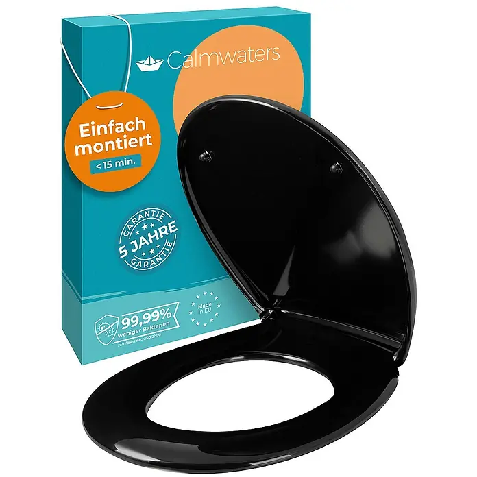 Calmwaters WC-Sitz Original - Duroplast, Schwarz, Mit Absenkautomatik - Abgebildet ist ein schwarzer Calmwaters WC-Sitz mit dazugehöriger Verpackung, der für einfache Montage und Hygiene steht.