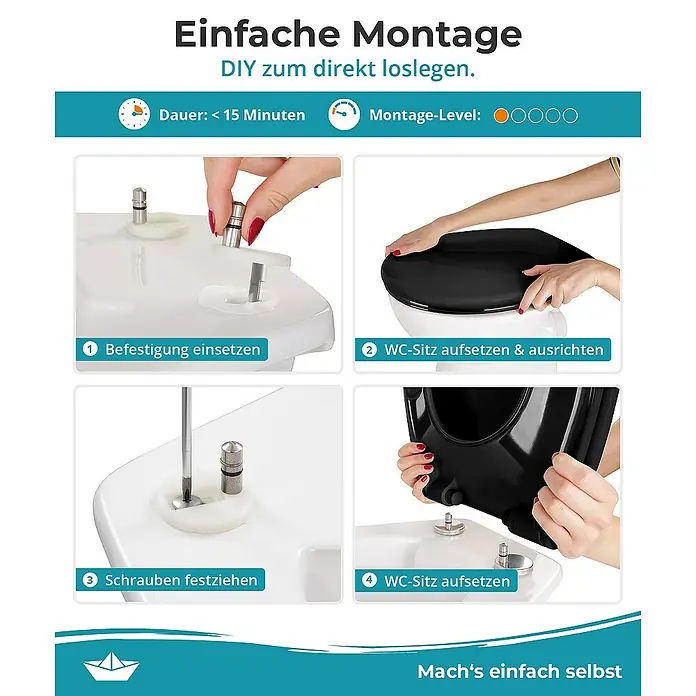 Calmwaters WC-Sitz Original - Duroplast, Schwarz, Mit Absenkautomatik - Montageanleitung für einen WC-Sitz: Befestigung einsetzen, WC-Sitz ausrichten, Schrauben festziehen und den WC-Sitz aufsetzen.
