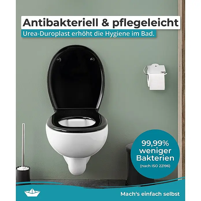 Calmwaters WC-Sitz Original - Duroplast, Schwarz, Mit Absenkautomatik - Das Bild zeigt eine antibakterielle Toilette mit pflegeleichter Oberfläche aus Urea-Duroplast, die für erhöhte Hygiene im Badezimmer sorgt.