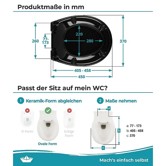 Calmwaters WC-Sitz Original - Duroplast, Schwarz, Mit Absenkautomatik - Produktmaße für den WC-Sitz in mm und Anleitung zur Überprüfung, ob der Sitz auf Ihre Toilette passt.