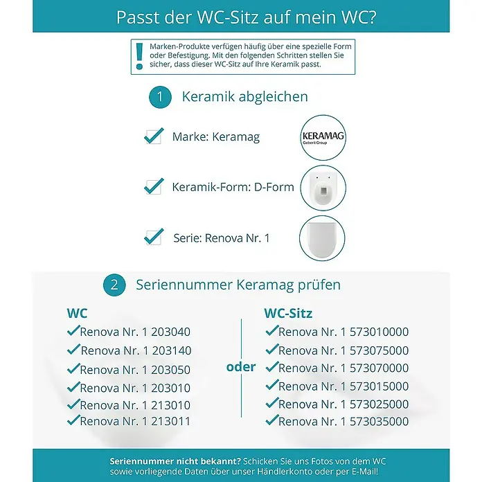 Calmwaters WC-Sitz Renova Nr. 1 - Duroplast, Weiß, Mit Absenkautomatik - Hilfestellung zur Auswahl des passenden WC-Sitzes für Keramag WCs, mit Seriennummern und Formen als Vergleich.