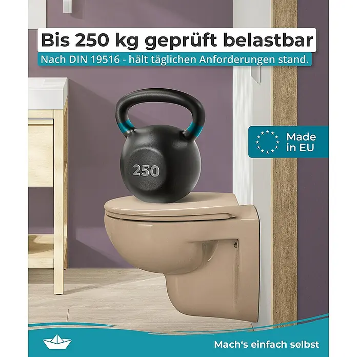 Calmwaters WC-Sitz Original - Duroplast, Beige, Mit Absenkautomatik - Das Bild zeigt eine Wandtoilette, die mit einem Gewicht von 250 kg belastet wird, um ihre Stabilität und Belastbarkeit zu demonstrieren.