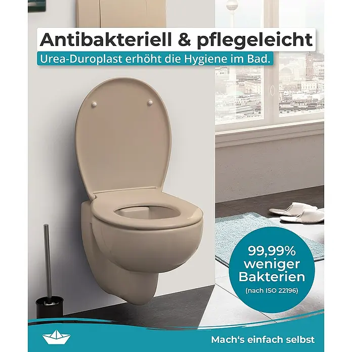 Calmwaters WC-Sitz Original - Duroplast, Beige, Mit Absenkautomatik - Das Bild zeigt eine antibakterielle und pflegeleichte Toilette aus Urea-Duroplast, die für mehr Hygiene im Badezimmer sorgt.