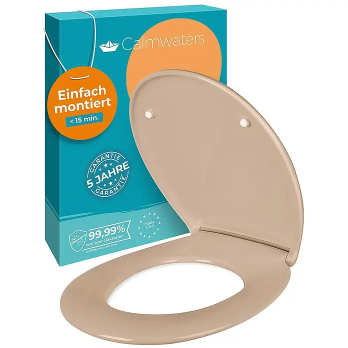 Calmwaters WC-Sitz Original - Duroplast, Beige, Mit Absenkautomatik - Beige Toilettensitz mit Produktverpackung, die einfache Montage und 99,99% weniger Bakterien bewirbt.