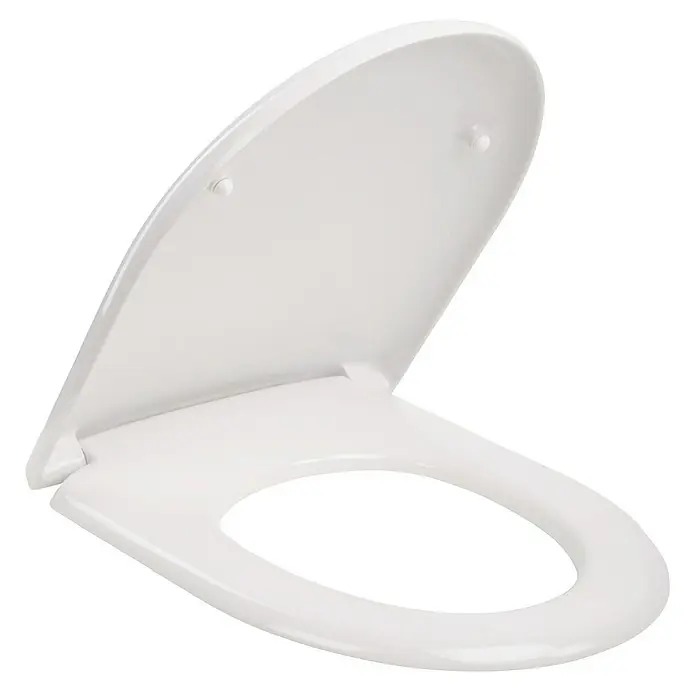 Calmwaters WC-Sitz Renova Nr. 1 - Duroplast, Weiß, Mit Absenkautomatik - Weißer Toilettensitz mit offenem Deckel. Der Fokus liegt auf dem hygienischen Design und der einfachen Installation des Produkts.