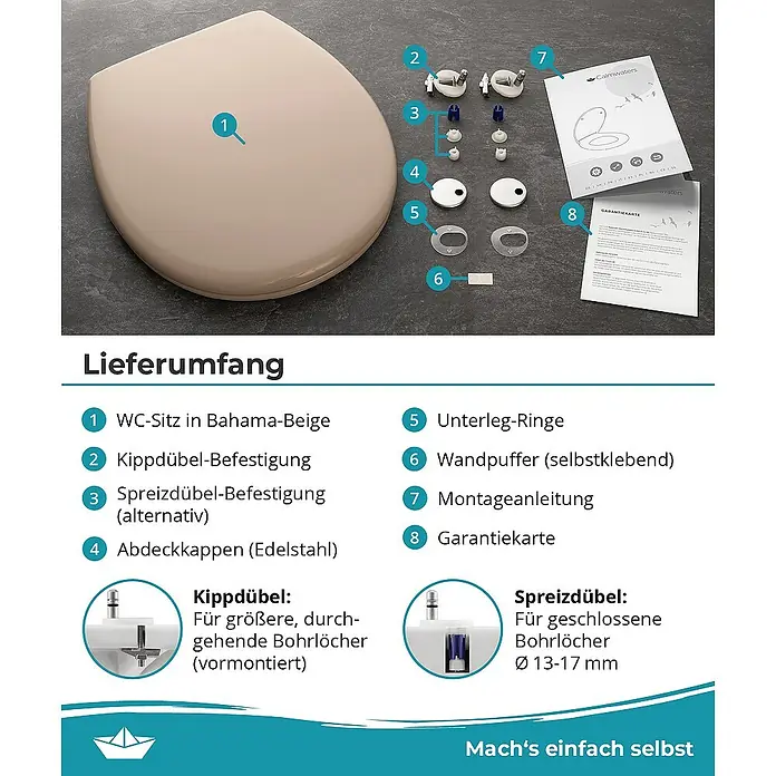 Calmwaters WC-Sitz Original - Duroplast, Beige, Mit Absenkautomatik - Übersicht des Lieferumfangs eines WC-Sitzes in Bahama-Beige, inklusive Befestigungen, Unterlegringen, Montageanleitung und Garantiekarte.