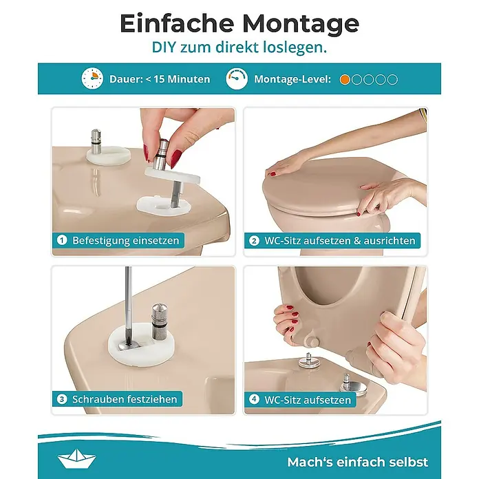 Calmwaters WC-Sitz Original - Duroplast, Beige, Mit Absenkautomatik - Bild einer einfachen Toilettenmontage, DIY-Anleitung mit vier Schritten zum Anbringen eines beigen Toilettensitzes.
