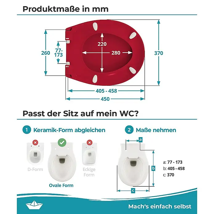 Calmwaters WC-Sitz Original - Duroplast, Rot, Mit Absenkautomatik - Produktmaße in mm. Roter Toilettensitz mit den Maßen: 260x450mm (außen) und 220x280mm (innen). Passend für ovale Keramikformen.