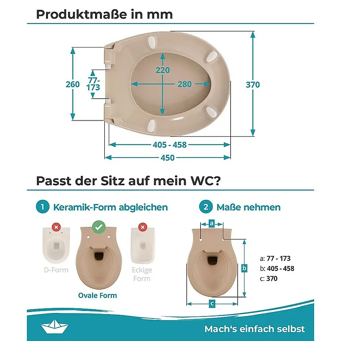 Calmwaters WC-Sitz Original - Duroplast, Beige, Mit Absenkautomatik - Bild einer WC-Sitz Abmessungsskizze mit einer Anleitung, um zu überprüfen, ob der Sitz auf die Toilette passt.
