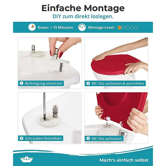 Calmwaters WC-Sitz Original - Duroplast, Rot, Mit Absenkautomatik - Anleitung zur einfachen WC-Sitzmontage: Befestigung einsetzen, WC-Sitz aufsetzen und ausrichten, Schrauben festziehen, WC-Sitz montieren.