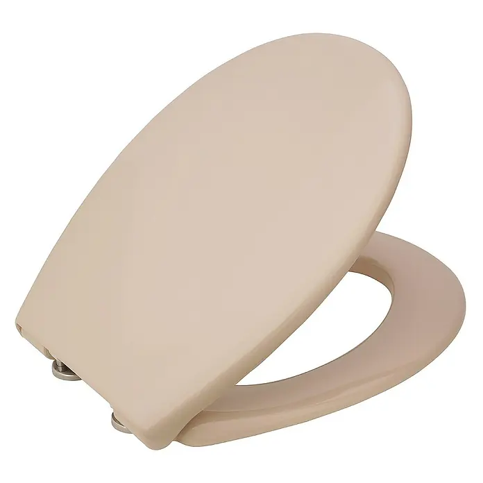 Calmwaters WC-Sitz Original - Duroplast, Beige, Mit Absenkautomatik - Nahaufnahme eines beigefarbenen WC-Sitzes mit Deckel, der für Komfort und Hygiene in Badezimmern entwickelt wurde.