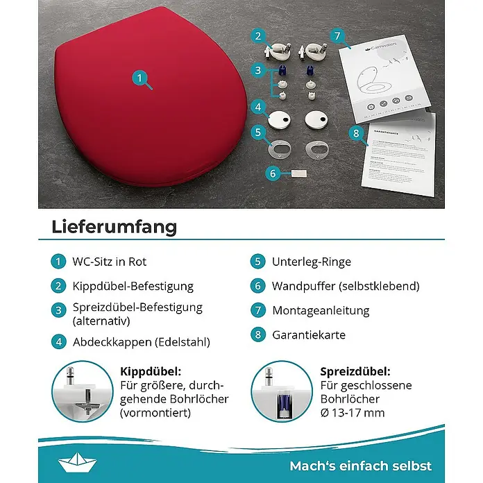 Calmwaters WC-Sitz Original - Duroplast, Rot, Mit Absenkautomatik - Lieferumfang eines roten WC-Sitzes mit Kippdübel- und Spreizdübel-Befestigungen, Edelstahl-Abdeckkappen, Unterlegringen, Wandpuffern, Montageanleitung und Garantiekarte.