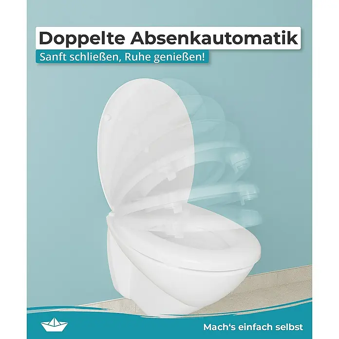 Calmwaters WC-Sitz Erhöht - Duroplast, Weiß, Mit Absenkautomatik - Die Aufnahme zeigt eine Nahaufnahme einer weißen Toilette mit Absenkautomatik, die sanft schließt und für Ruhe sorgt.
