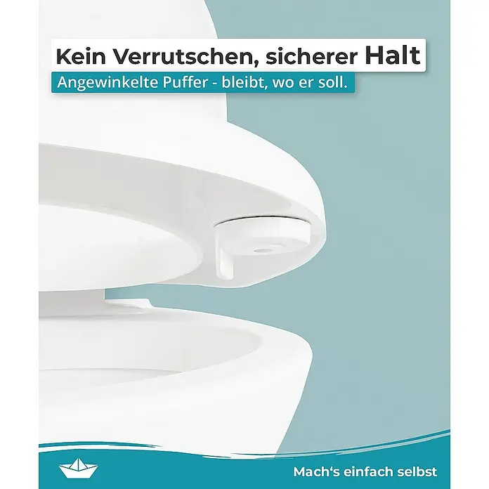 Calmwaters WC-Sitz Erhöht - Duroplast, Weiß, Mit Absenkautomatik - Nahaufnahme eines weißen WC-Sitzes mit dem Slogan „Kein Verrutschen, sicherer Halt“ und „Angewinkelte Puffer – bleibt, wo er soll“.