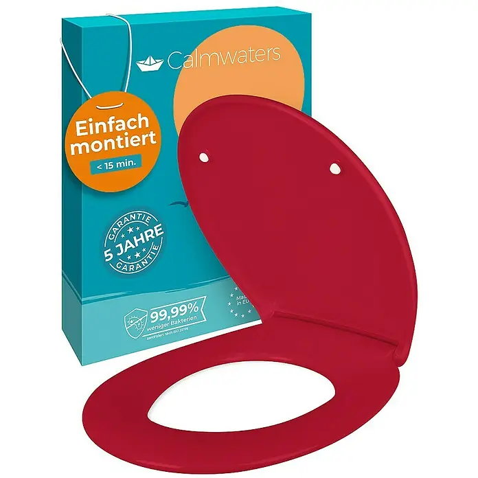 Calmwaters WC-Sitz Original - Duroplast, Rot, Mit Absenkautomatik - Produktfoto eines roten Calmwaters WC-Sitzes vor einer blau-türkisen Verpackung mit Produktinformationen.