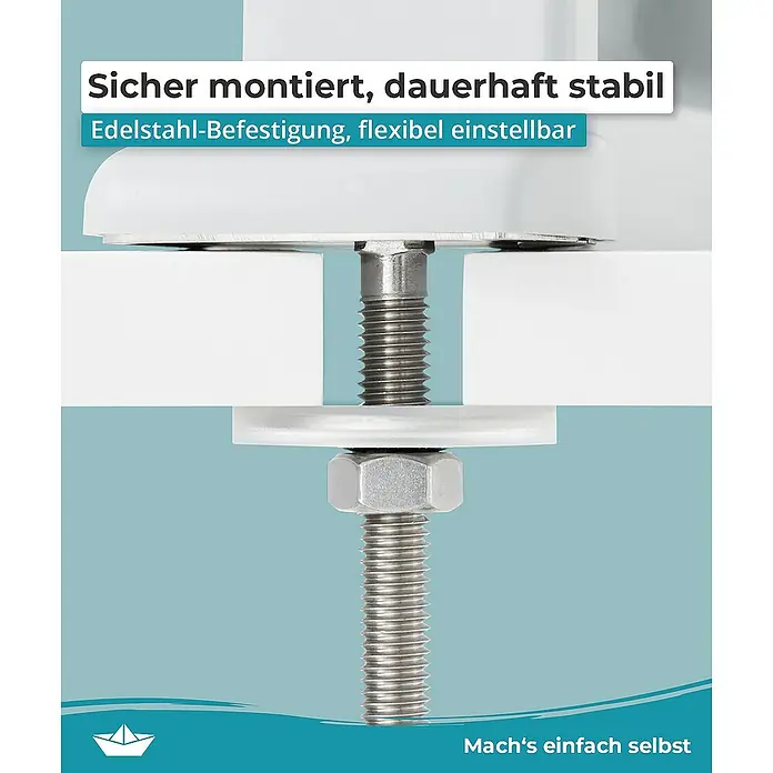 Calmwaters WC-Sitz Erhöht - Duroplast, Weiß, Mit Absenkautomatik - Produktdetailaufnahme einer Edelstahlbefestigung, die Sicherheit und Stabilität durch Flexibilität bietet.\n