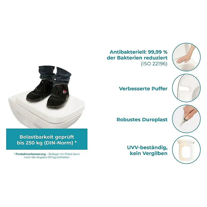 Calmwaters WC-Sitz Renova Nr. 1 Plan - Duroplast, Weiß, Mit Absenkautomatik - Das Bild zeigt eine robuste Toilettenbrille, die bis zu 250 kg Belastung standhält, antibakteriell ist und UV-beständig.