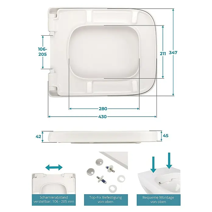 Calmwaters WC-Sitz Renova Nr. 1 Plan - Duroplast, Weiß, Mit Absenkautomatik - Abbildung eines Toilettensitzes mit Maßangaben und Details zur Befestigung.