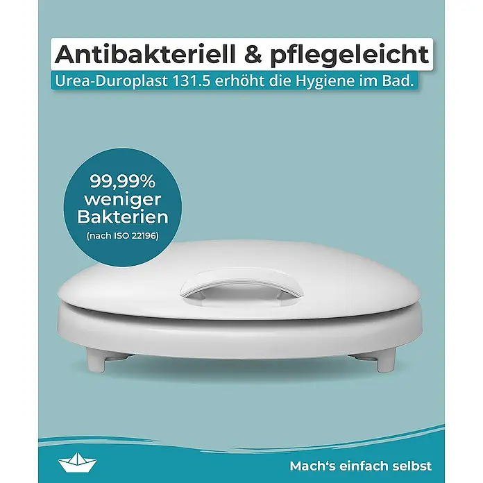 Calmwaters WC-Sitz Erhöht - Duroplast, Weiß, Mit Absenkautomatik - Bild eines antibakteriellen Toilettensitzes aus Urea-Duroplast 131.5, der für mehr Hygiene im Badezimmer sorgt und leicht zu reinigen ist.