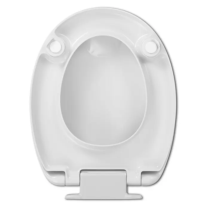 Calmwaters WC-Sitz Erhöht - Duroplast, Weiß, Mit Absenkautomatik - Nahaufnahme eines weißen Toilettensitzes mit ovaler Öffnung und Befestigungen. Ideal für Badezimmerdesign und Sanitärbedarf.
