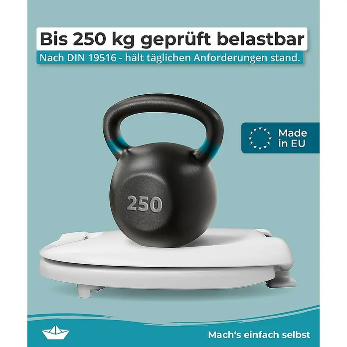 Calmwaters WC-Sitz Erhöht - Duroplast, Weiß, Mit Absenkautomatik - Das Bild zeigt eine 250 kg schwere Kettlebell auf einer weißen Waage, was die Stabilität und Belastbarkeit des Produkts hervorhebt.