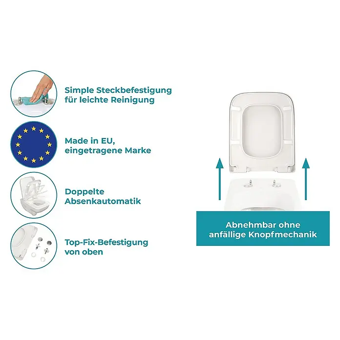 Calmwaters WC-Sitz Renova Nr. 1 Plan - Duroplast, Weiß, Mit Absenkautomatik - Das Bild zeigt einen weißen Toilettensitz mit verschiedenen Funktionen, darunter einfache Befestigung, Absenkautomatik und Top-Fix-Befestigung.