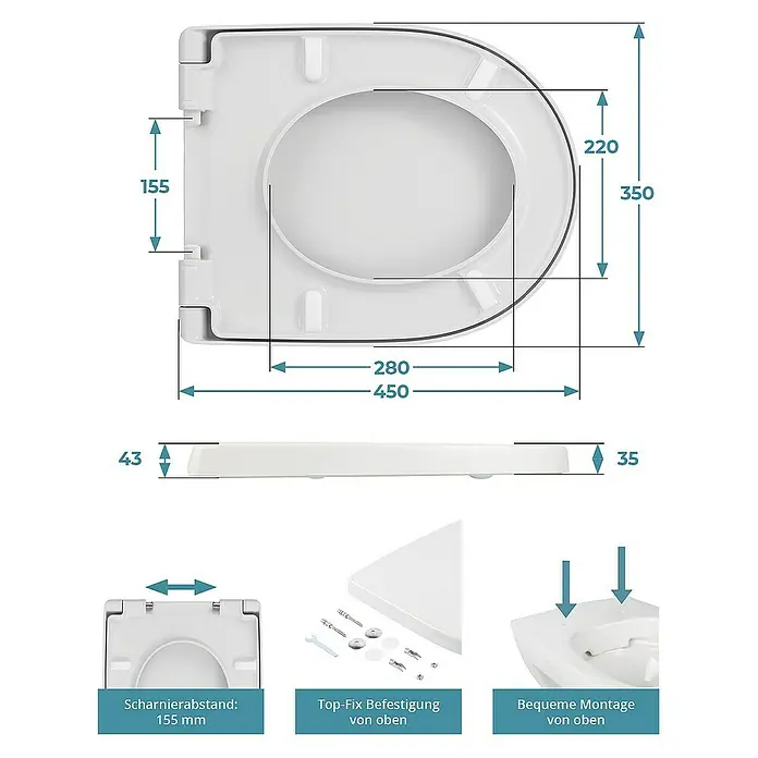 Calmwaters WC-Sitz Icon - Duroplast, Weiß, Mit Absenkautomatik - Abmessungen des Toilettensitzes mit den Maßen 450 x 350 mm, Scharnierabstand 155 mm, Top-Fix Befestigung und bequeme Montage von oben.