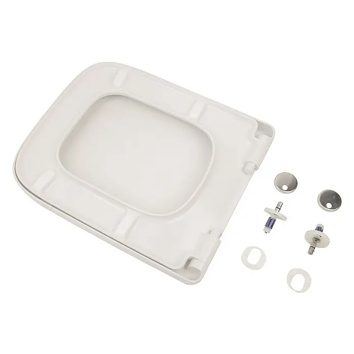 Calmwaters WC-Sitz Renova Nr. 1 Plan - Duroplast, Weiß, Mit Absenkautomatik - Nahaufnahme eines weißen Toilettensitzes mit Befestigungsmaterial, ideal für jedes Badezimmer, bietet Komfort und einfache Installation.