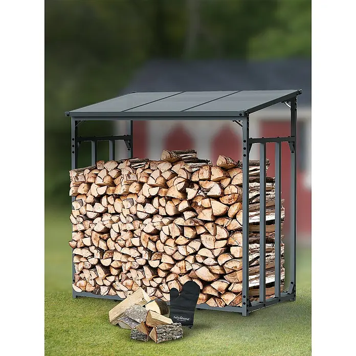 holz4home Kaminholzregal -  - Brennholzregal mit Holz und Handschuhen. Ideal für die Lagerung von Brennholz im Garten oder auf der Terrasse.