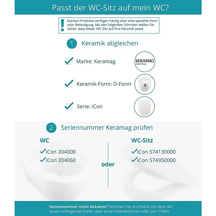 Calmwaters WC-Sitz Icon - Duroplast, Weiß, Mit Absenkautomatik - Anleitung zur Überprüfung, ob ein WC-Sitz auf eine Keramik passt, mit Keramag-Logo und D-Form.
