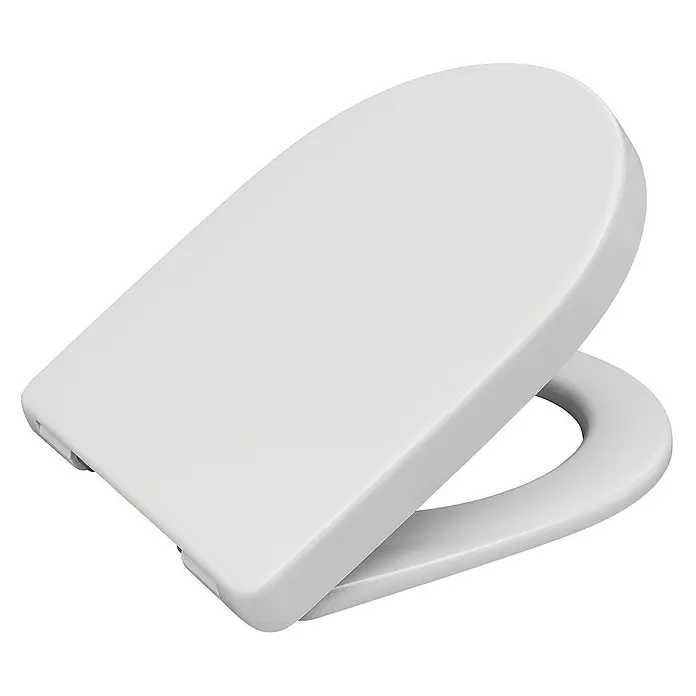 Calmwaters WC-Sitz Icon - Duroplast, Weiß, Mit Absenkautomatik - Nahaufnahme eines weißen Toilettensitzes mit Deckel, der ein modernes und hygienisches Badezimmeraccessoire darstellt.