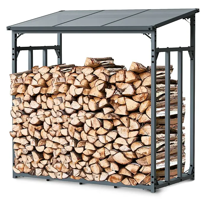 holz4home Kaminholzregal -  - Brennholzregal aus Metall mit Dach, gefüllt mit Holzscheiten für die Lagerung und Trocknung von Brennholz im Außenbereich.