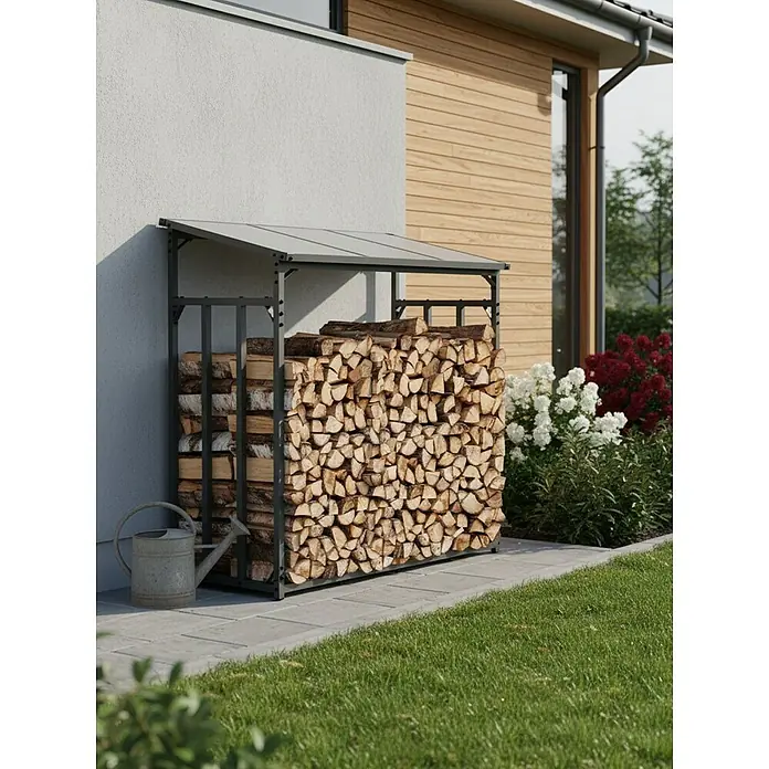 holz4home Kaminholzregal -  - Holzlager mit Dach, gefüllt mit Holzscheiten, neben einer Hauswand mit einem Rasen davor. Perfekt zur Holzlagerung im Garten.