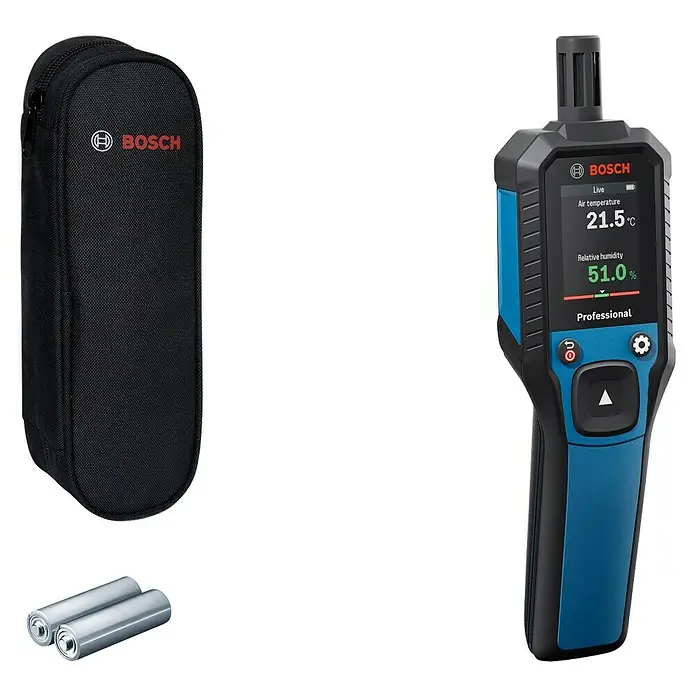 Bosch Thermo-Hygrometer GDH 1-17 - Mit Batterien - Ein Bosch Klimamessgerät mit Zubehör: Tasche und Batterien. Das Gerät zeigt Temperatur und Luftfeuchtigkeit an.