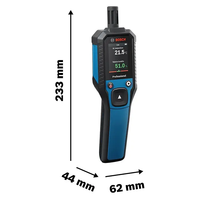 Bosch Thermo-Hygrometer GDH 1-17 - Mit Batterien - Abbildung des Bosch Thermo-Hygrometers mit den Maßen 233 mm Höhe, 44 mm und 62 mm Breite.