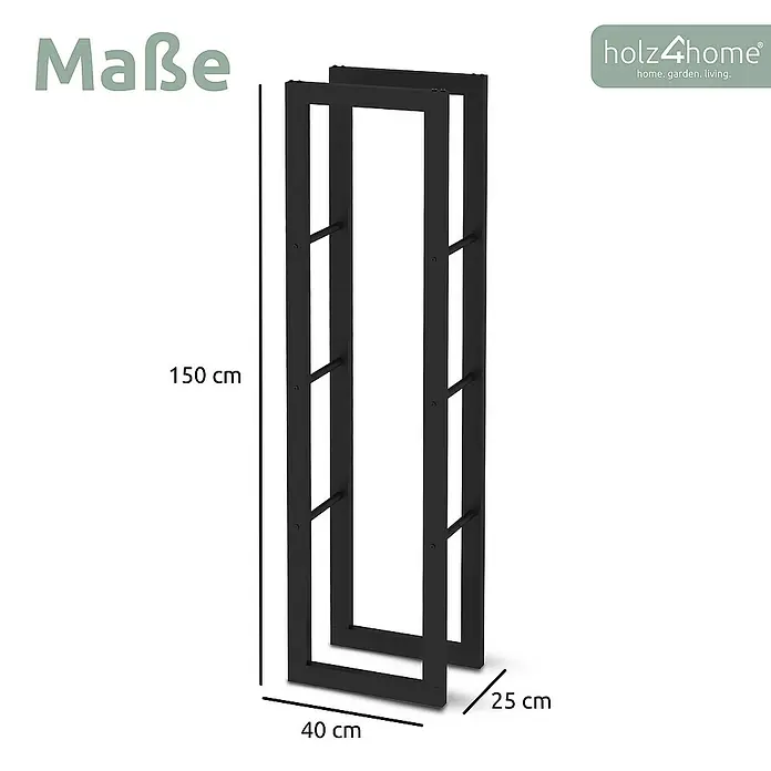holz4home Kaminholzregal -  - Abbildung einer schwarzen Handtuchleiter mit Größenangaben (150 cm Höhe, 40 cm Breite, 25 cm Tiefe) und dem Logo holz4home.