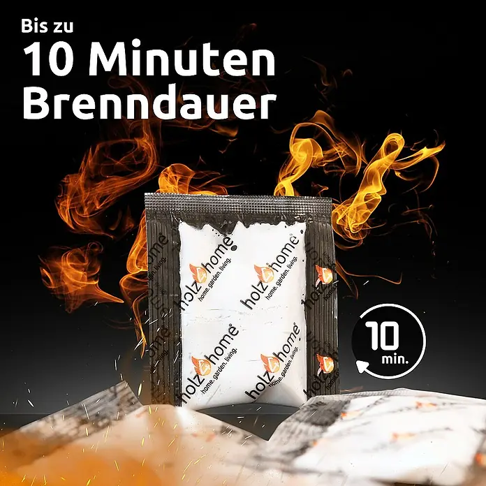 holz4home Grillanzünder -  - Das Bild zeigt ein Holz Home Feueranzünder-Produkt, das für eine Brenndauer von bis zu 10 Minuten ausgelegt ist.