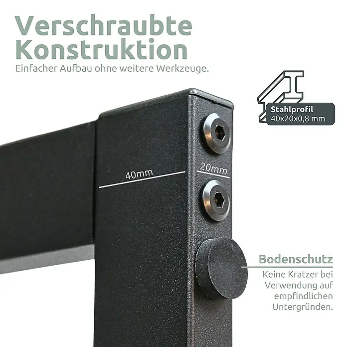 holz4home Kaminholzregal -  - Detailansicht einer verschraubten Stahlkonstruktion mit Boden-schutz, Schrauben und Maßangaben.