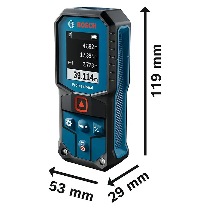 Bosch Professional Laserentfernungsmesser GLM 40-31 - Messgenauigkeit: Typisch: ± 1,5 mm, Mit Batterien - Abbildung eines Bosch Professional Entfernungsmessers mit Größenangaben, ein praktisches Werkzeug für genaue Messungen.