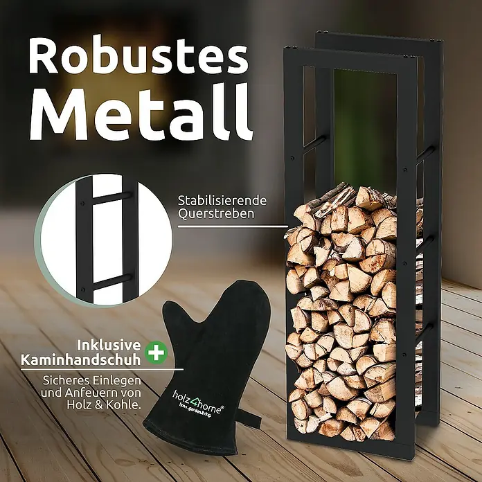 holz4home Kaminholzregal -  - Ein robustes, schwarzes Metall-Brennholzregal mit Holz und einem Kaminhandschuh für sicheres Anzünden von Holz & Kohle.
