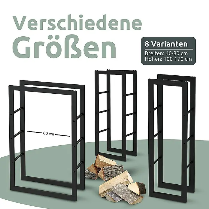 holz4home Kaminholzregal -  - Das Bild zeigt verschiedene Größen von Kaminholzregalen aus schwarzem Metall, die das Brennholz ordentlich und stilvoll aufbewahren.