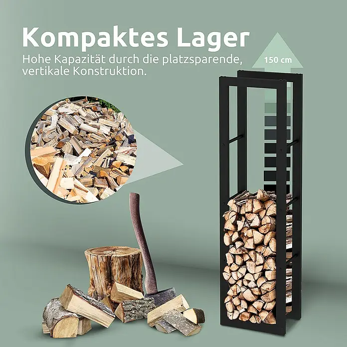holz4home Kaminholzregal -  - Kompaktes Lager für Brennholz mit hoher Kapazität durch die platzsparende, vertikale Konstruktion, zusammen mit einem Hackklotz und einer Axt.