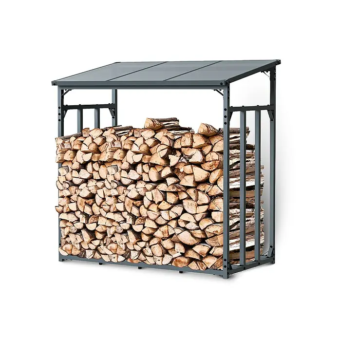 holz4home Kaminholzregal -  - Ein stabiles, graues Brennholzlager voll mit gespaltenem Holz, ideal zum Trocknen und Aufbewahren von Kaminholz im Außenbereich.