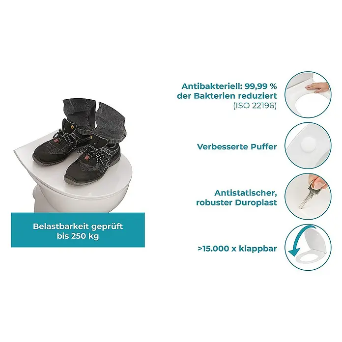 Calmwaters WC-Sitz - Duroplast, Weiß, Mit Absenkautomatik - Toilettensitz mit antibakterieller Oberfläche, geprüft bis 250 kg, langlebigem Duroplast und verbesserter Pufferung.
