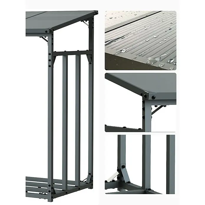 holz4home Kaminholzregal -  - Ein graues Brennholzregal mit geneigtem Dach zur Lagerung von Holzscheiten. Detailaufnahmen zeigen die Bauweise und das wasserabweisende Dach.