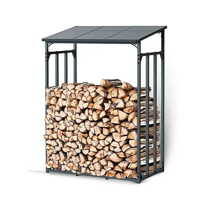holz4home Kaminholzregal -  - Ein stabiles, graues Brennholzregal mit Dach, gefüllt mit gespaltenem Holz, ideal zur Lagerung und Trocknung von Kaminholz im Außenbereich.