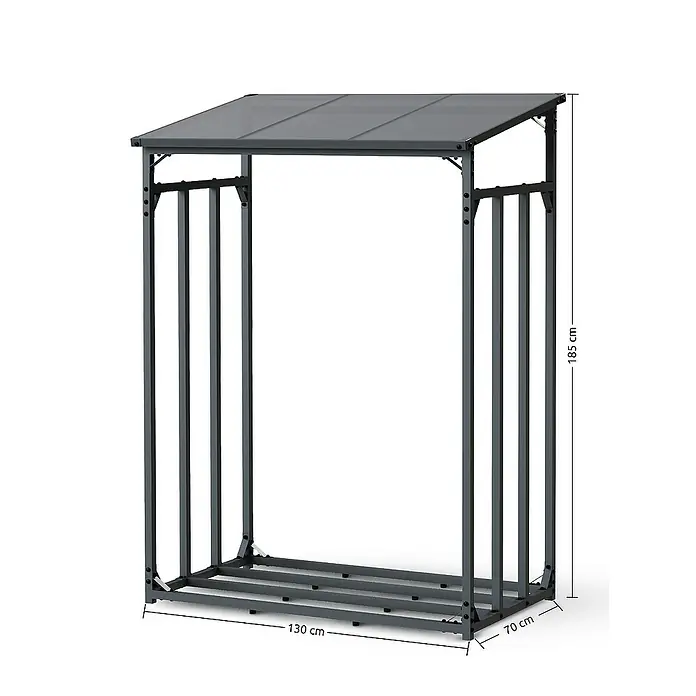 holz4home Kaminholzregal -  - Abgebildeter, grauer Kaminholzunterstand mit den Maßen 185x130x70 cm, ideal für die Lagerung von Brennholz im Garten oder auf der Terrasse.