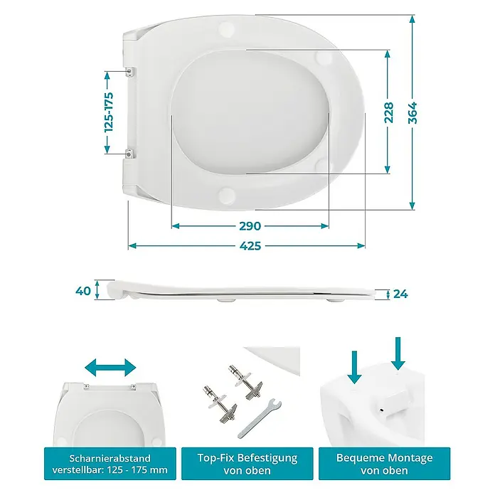 Calmwaters WC-Sitz - Duroplast, Weiß, Mit Absenkautomatik - Bild einer Toilettensitz mit den Maßen: 425 x 364 mm, Scharnierabstand 125-175 mm, Höhe 40 mm und mit Top-Fix Befestigung von oben.