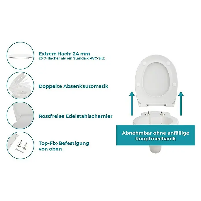 Calmwaters WC-Sitz - Duroplast, Weiß, Mit Absenkautomatik - Flacher WC-Sitz mit Absenkautomatik, Edelstahl-Scharnieren und Top-Fix-Befestigung. Abnehmbar für einfache Reinigung und wartungsarm.